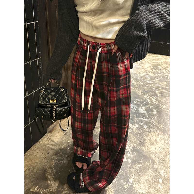 磨毛格纹阔腿裤女秋冬新款复古宽松格子裤加绒显瘦抽绳直筒休闲裤