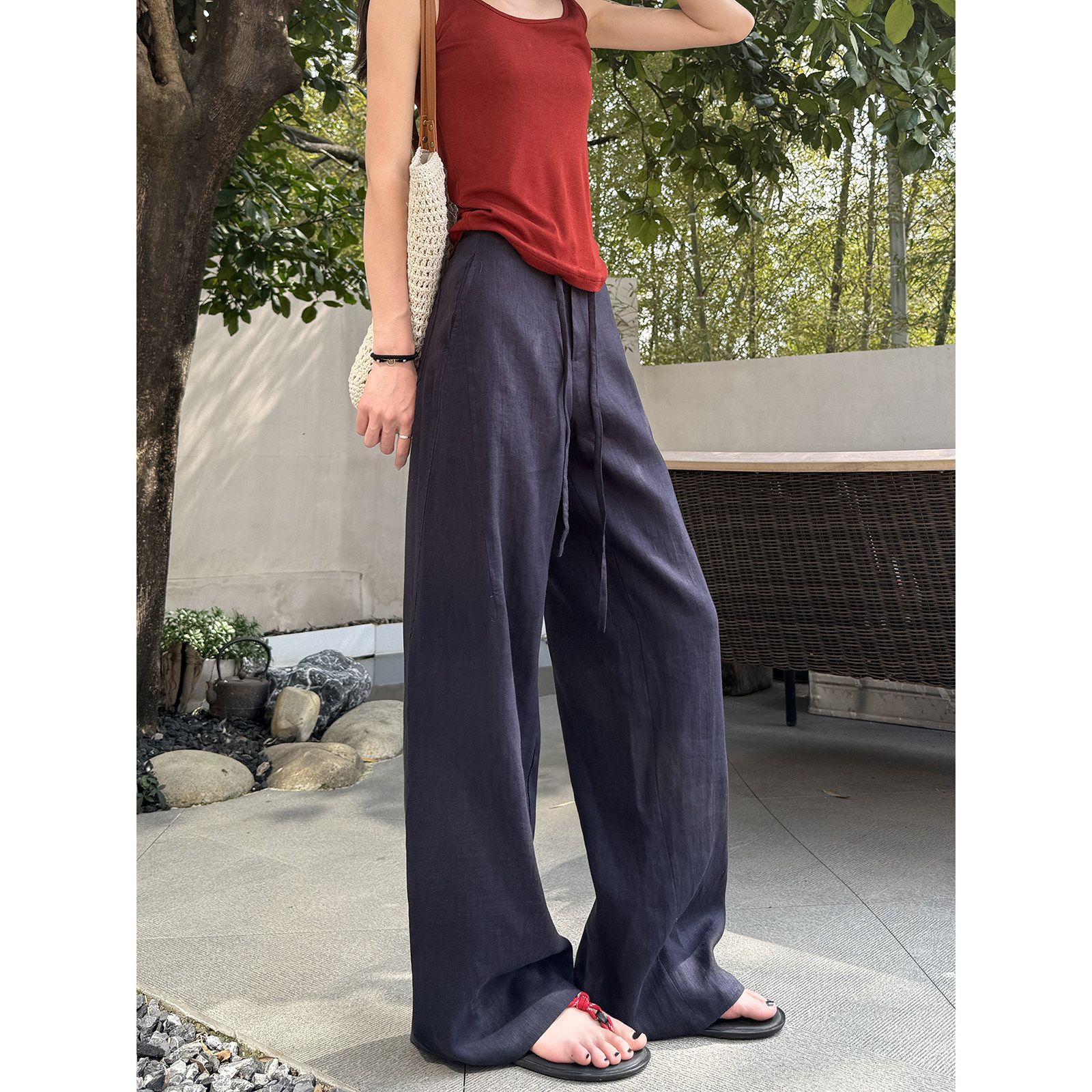 高端100%亚麻裤女夏季轻薄透气显瘦直筒裤慵懒松弛老钱垂感阔腿裤