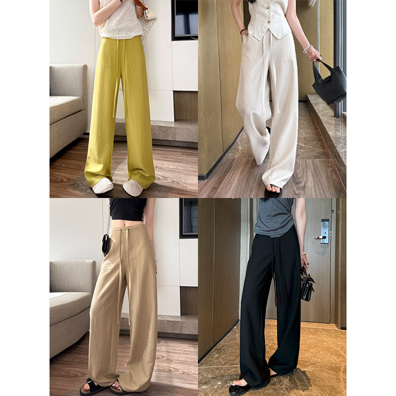 高腰亚麻阔腿裤女2025夏新款宽松垂感慵懒风直筒裤薄款休闲拖地裤