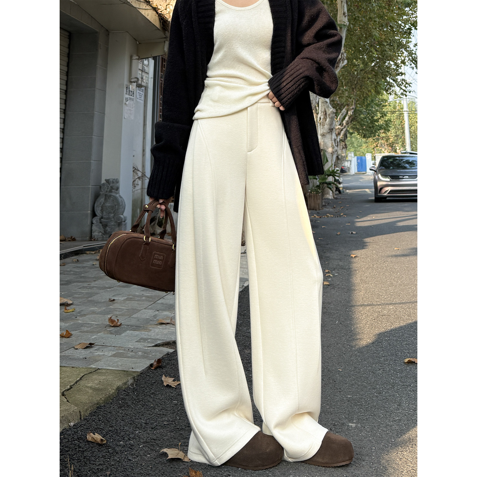 米白色醋酸羊毛呢阔腿裤女秋冬新款加绒糯米弯刀裤高腰直筒西装裤,女装/女士精品,休闲裤,淘宝优惠券,粉丝福利购,淘宝优惠卷