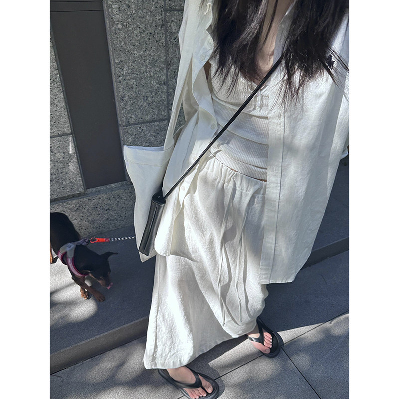 老钱风白色亚麻半身裙女夏薄款松弛棉麻A字半裙苎麻后开叉直筒裙