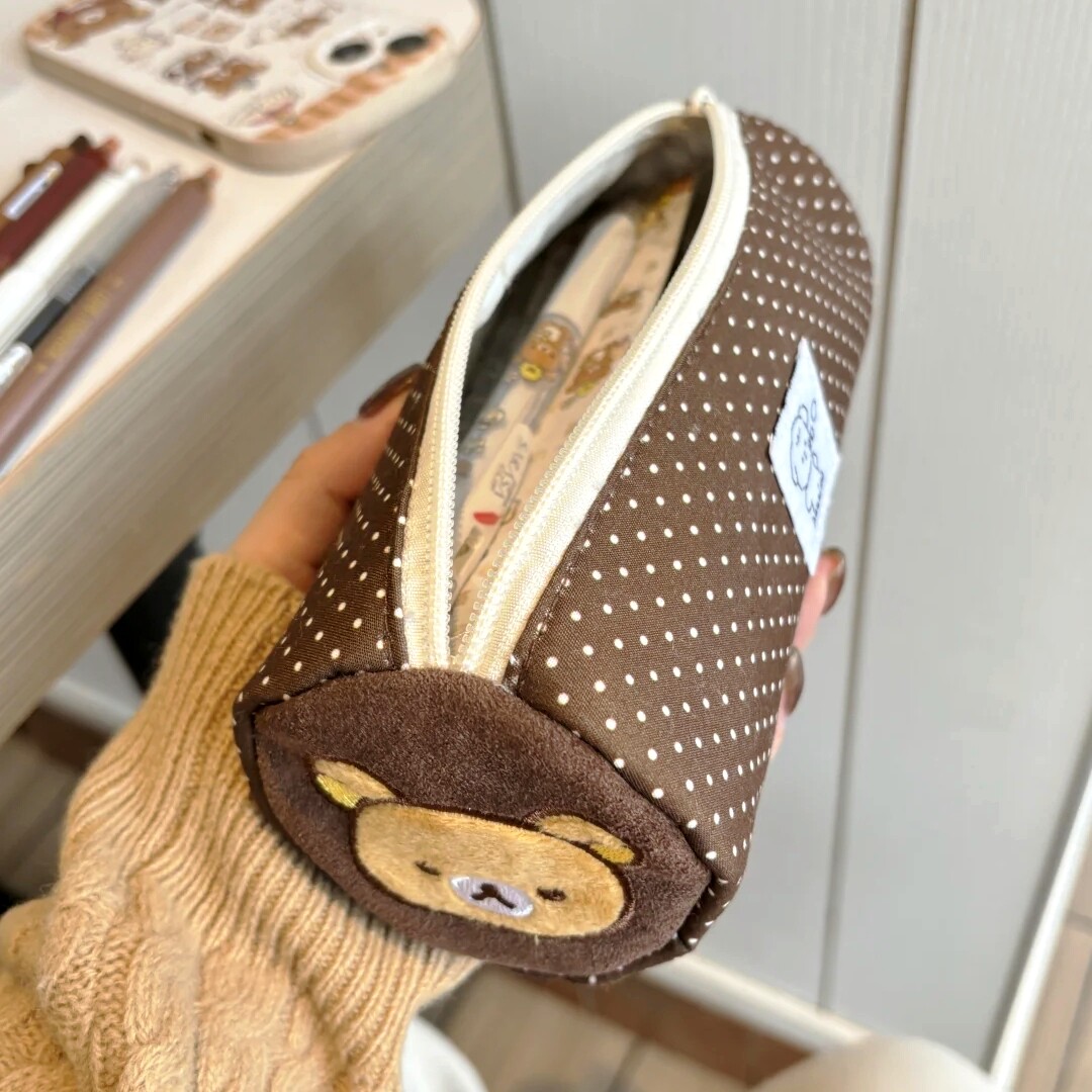 可爱轻松熊波点笔袋古早萌系简约棕色学生大容量文具收纳袋铅笔盒