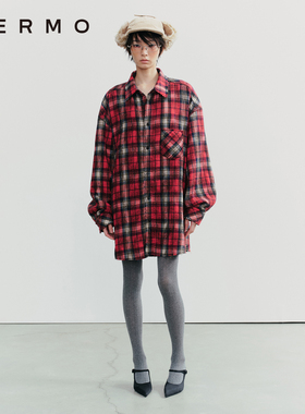 VERMO 复古色彩节日氛围感 经典格纹毛边加厚毛呢衬衫外套