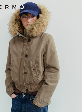 VERMO 复古经典利落剪裁 勾勒比例短款毛领做旧工装抗风派克外套