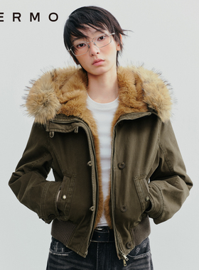 VERMO 复古经典利落剪裁 勾勒比例短款修身毛领做旧派克工装外套