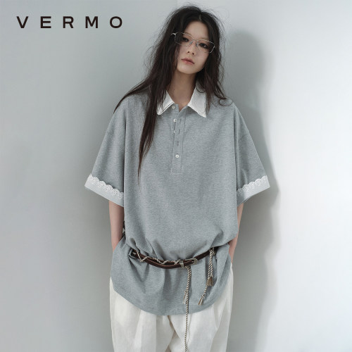 VERMO绣花领卷袖POLO短袖T恤