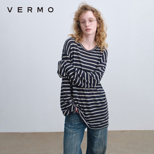 条纹宽松长袖 VERMO 透气亚麻经典 轻盈无束缚 T恤 慵懒日常