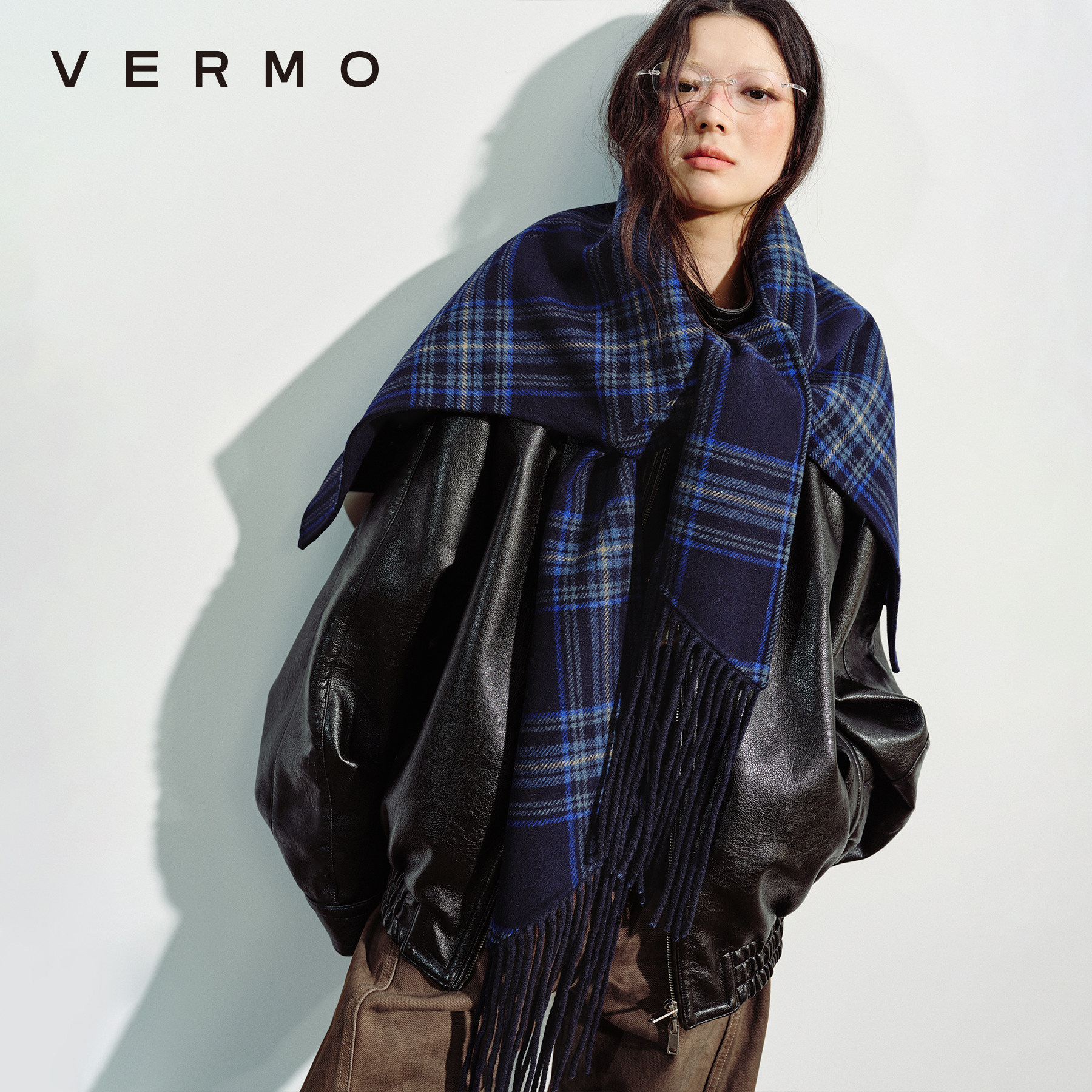 VERMO格纹多穿羊毛双面呢围巾