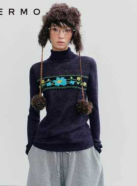 VERMO 针脚叙事 别致复古绣花重工手绣羊驼毛打底套头毛衣