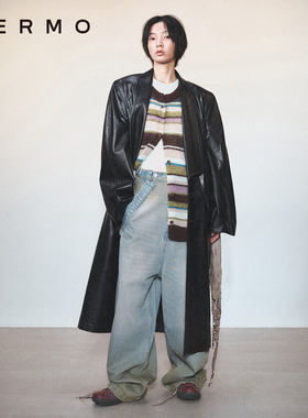 VERMO 男女同款 复古宽松垫肩翻领廓形中长款皮风衣