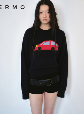 VERMO 童年记忆 复古玩具汽车图案提花 圆领自然卷边羊毛毛衣