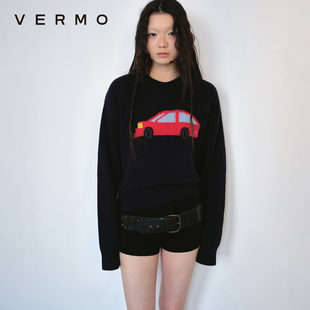 圆领自然卷边羊毛毛衣 复古玩具汽车图案提花 VERMO 童年记忆