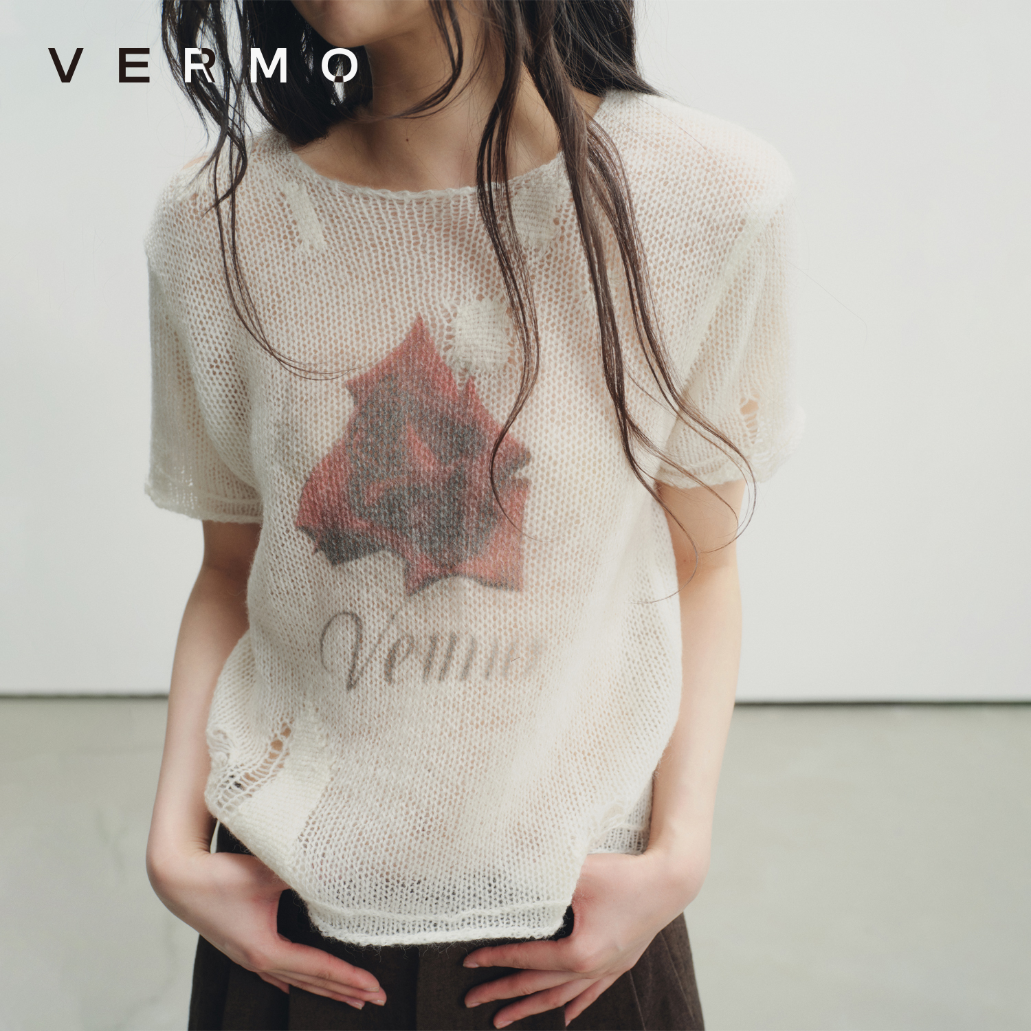 VERMO 复古全手工缝制做旧补丁 玫瑰印花套头毛衣针织衫