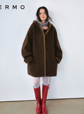 VERMO 轻盈保暖 柔韧有型羊驼羊毛混纺 复古提花双面呢连帽外套