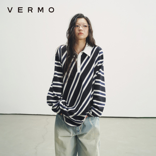上衣 VERMO 堆积褶皱 斜裁条纹复古撞色针织长袖 宽松POLO衫