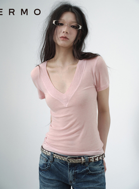 VERMO 夏日柔软亲肤轻薄天丝羊毛 高弹修身微透宽边V领T恤
