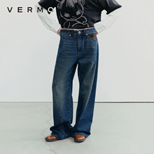 VERMO 柔韧利落弓形立体裁剪 复古拼皮磨毛牛仔裤