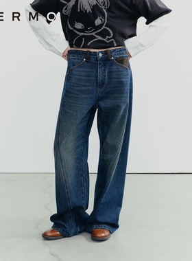 VERMO 柔韧利落弓形立体裁剪 复古拼皮磨毛牛仔裤