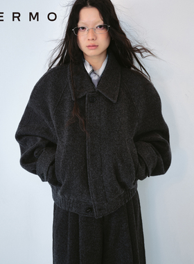 VERMO 立体裁剪 圆肩廓形 经典简约复古全羊毛短款毛呢夹克外套