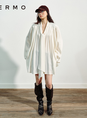 VERMO 复古经典重译 雾面光泽垂坠铜氨丝 V领飘带宽松A型长袖衬衫