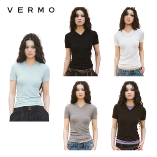 短袖 VERMO 春夏慕斯羊毛浅V领修身 高弹包裹修饰身材 T恤 柔韧亲肤