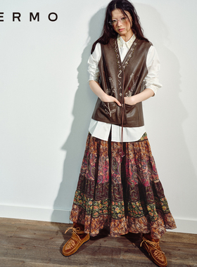 VERMO 层叠叙事 拼凑情绪 重工流浪色彩复古印花伞形长半裙