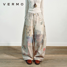 VERMO 晒干褪色定位碎布印花 复古香蕉廓形宽松牛仔裤