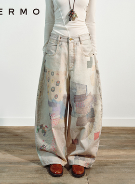 VERMO 晒干褪色定位碎布印花 复古香蕉廓形宽松牛仔裤