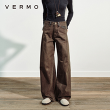 VERMO 重塑立体廓形 美丽复古棕拼料绣花弓形牛仔裤