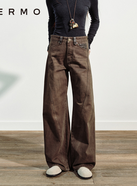 VERMO 重塑立体廓形 美丽复古棕拼料绣花弓形牛仔裤