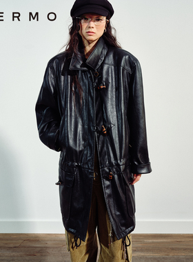 VERMO 重构复古 做旧木扣缀饰柔软蛋白皮低腰抽绳风衣外套