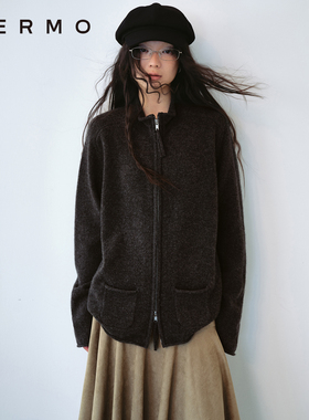 VERMO 别致黑茶色 柔软舒适触感 自然卷边牦牛绒轻盈保暖毛衣开衫