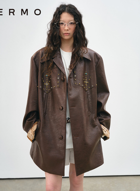 VERMO 美丽复古橘棕色 混搭材质铆钉微宽肩皮衣夹克外套