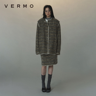 粗花呢H型毛边半身裙套装 VERMO 复古羊毛混纺