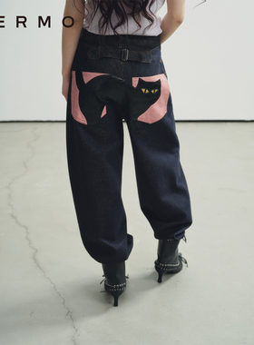 VERMO 夜半小猫贴皮绣花 复古原牛色宽松可调节微茧形收口牛仔裤