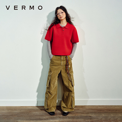 VERMO 美丽橘红色 别致裁剪 复古有型羊毛POLO衫短袖针织毛衣