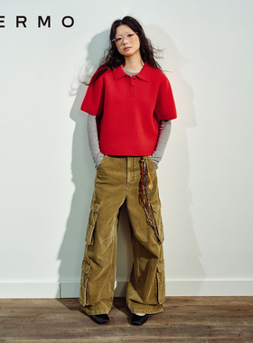 VERMO 美丽橘红色 别致裁剪 复古有型羊毛POLO衫短袖针织毛衣