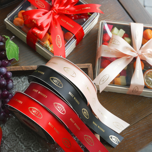 新年法式果礼包装饰丝带高级感烫金水果礼盒彩带定制酒红装饰缎带