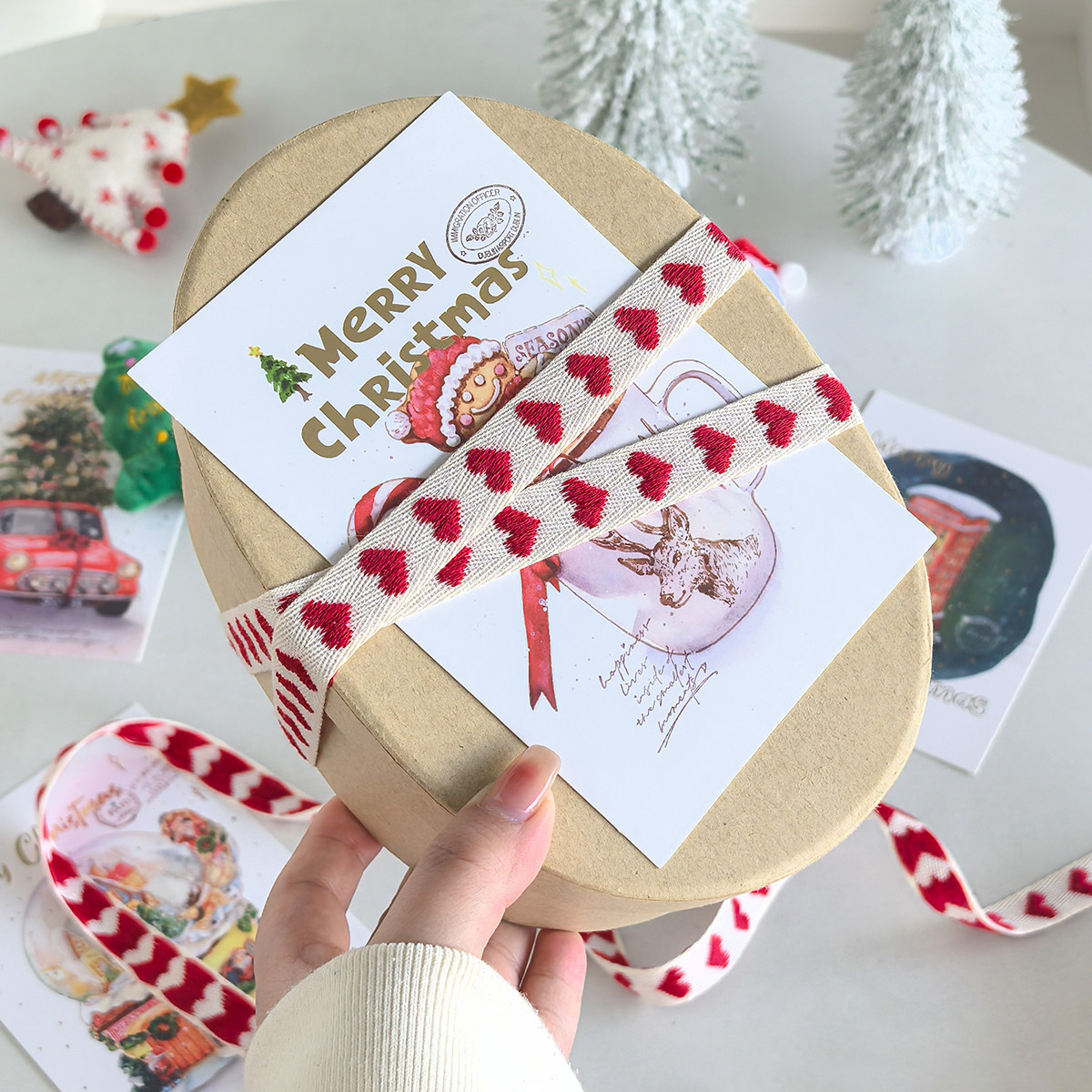 圣诞节刺绣小爱心彩带花束蛋糕包装手工diy车挂缎带礼物礼品装饰