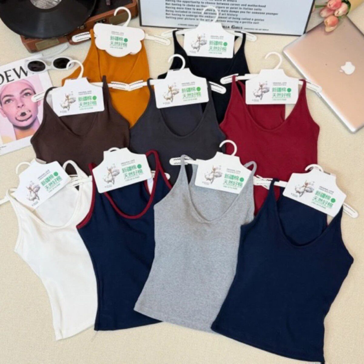 【高品质乳胶杯】辣妹风挂脖工字背心女螺纹新疆棉内搭显瘦吊带外