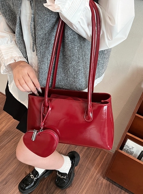 韩版复古油蜡皮红色托特包包女秋冬新款小众质感时尚婚宴单肩包
