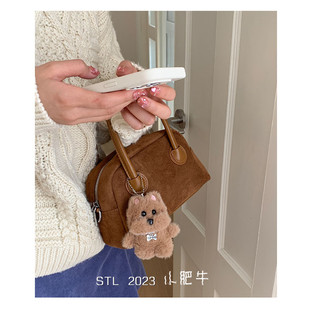 韩国复古麂皮绒保龄球包包女2025新款潮小众百搭手提斜挎包手机包