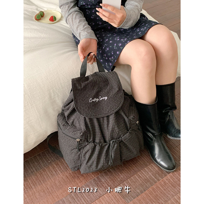 韩版格纹尼龙布双肩包包女大容量学院风抽绳背包休闲旅行包登山包
