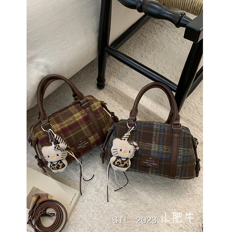 复古学院风格子波士顿包包女手提斜挎包小众毛呢枕头包2025新款