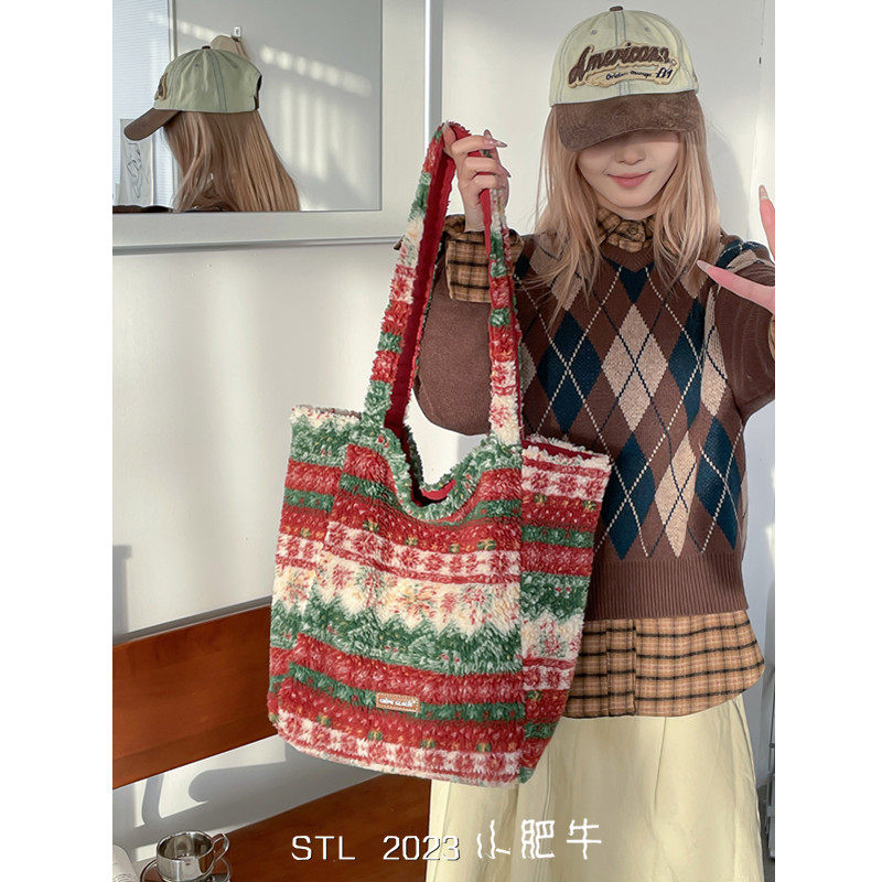 超火ins圣诞节托特包包女小众百搭学院风大容量可爱毛绒单肩包潮,箱包皮具/热销女包/男包,通用款女包,淘宝优惠券,粉丝福利购,淘宝优惠卷
