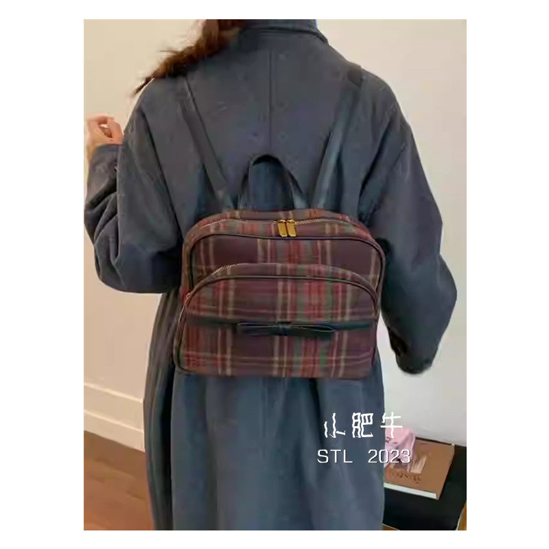 小众复古格纹双肩包包女网红英伦学院风日常通勤大容量少女背包