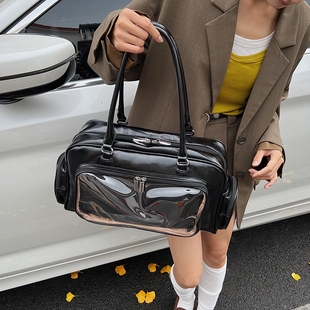 超火网红PU皮质波士顿包包女大容量手提单肩包高级感氛围感旅行袋