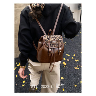 韩系小众豹纹拼接皮质双肩包包女2025新款复古抽绳小背包旅行书包