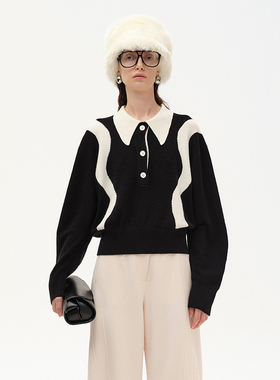 N·MORE设计师品牌 冬季隐秘黑撞色曲线装饰针织衫