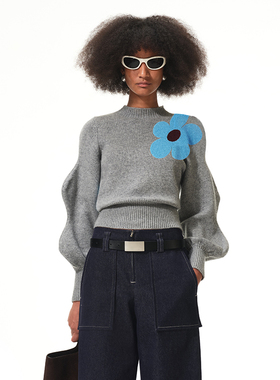 N·MORE设计师品牌 秋冬笑开花波浪廓形袖灰色套头毛衣设计感女